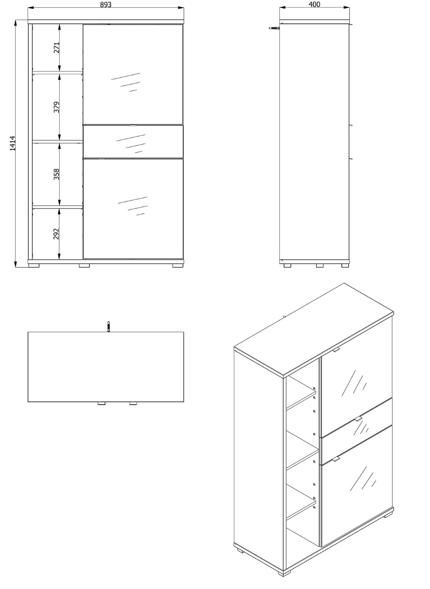 Madia alta con ante vetro, finitura Rovere e Grafite