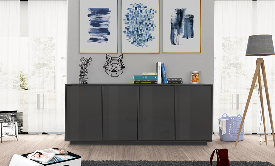 Credenza in appoggio in finitura antracite lucida con quattro ante