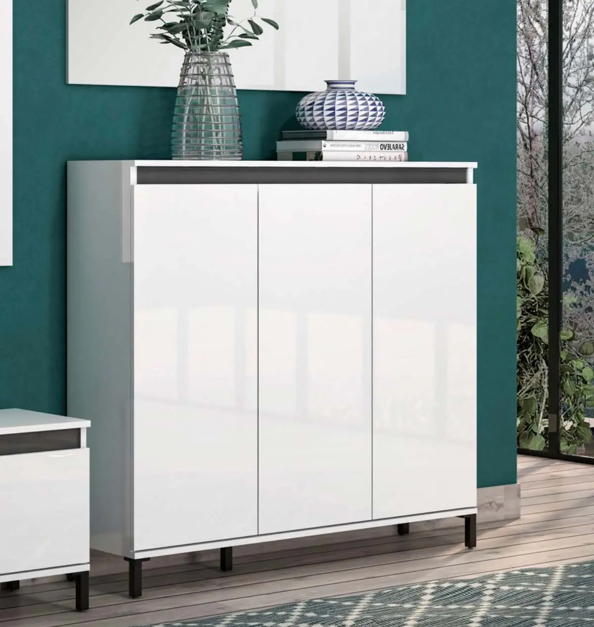 Madia moderna a 3 ante, Bianca lucida con dettaglio Ardesia