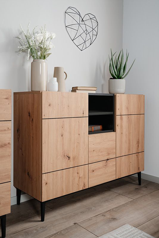 Madia moderna Glesborg con 3 ante e un vano a giorno in finitura Rovere e Nero carbone