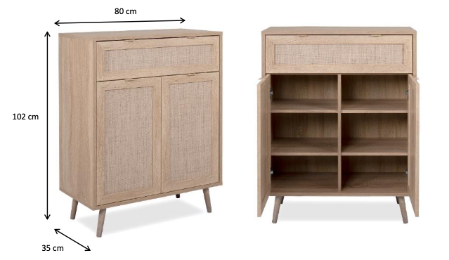 Madia Kara con 2 ante ed un cassetto in finitura Quercia e Rafia