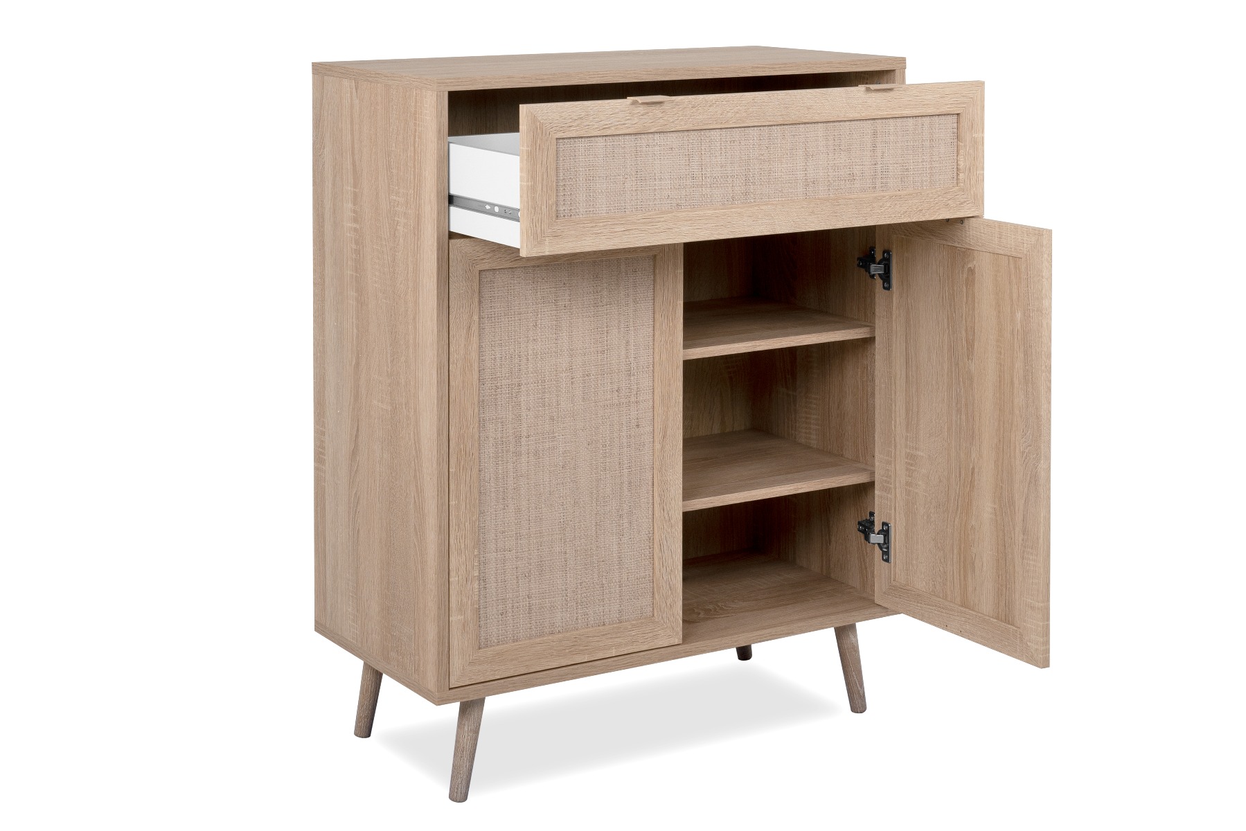 Madia Kara con 2 ante ed un cassetto in finitura Quercia e Rafia