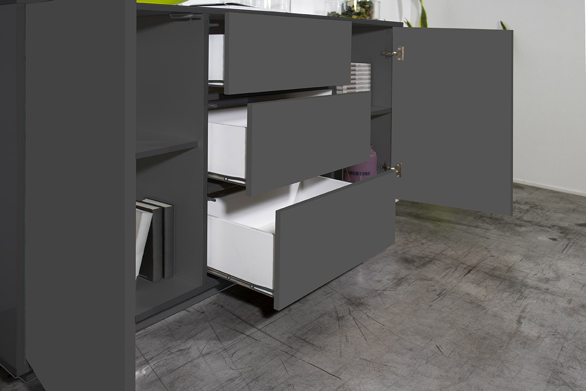 Credenza di design in finitura antracite laccato lucido con tre cassetti e due sportelli