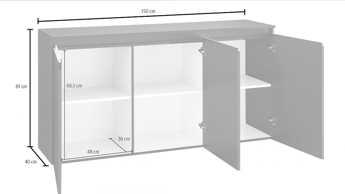 Madia bianca laccato lucido 3 ante, maniglie a gola