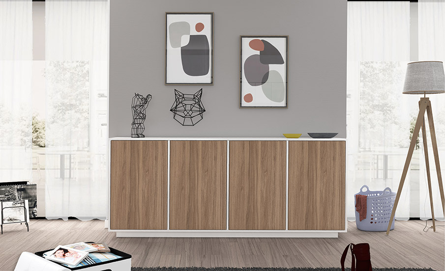 Credenza in appoggio in finitura bianco lucido e noce caracalla