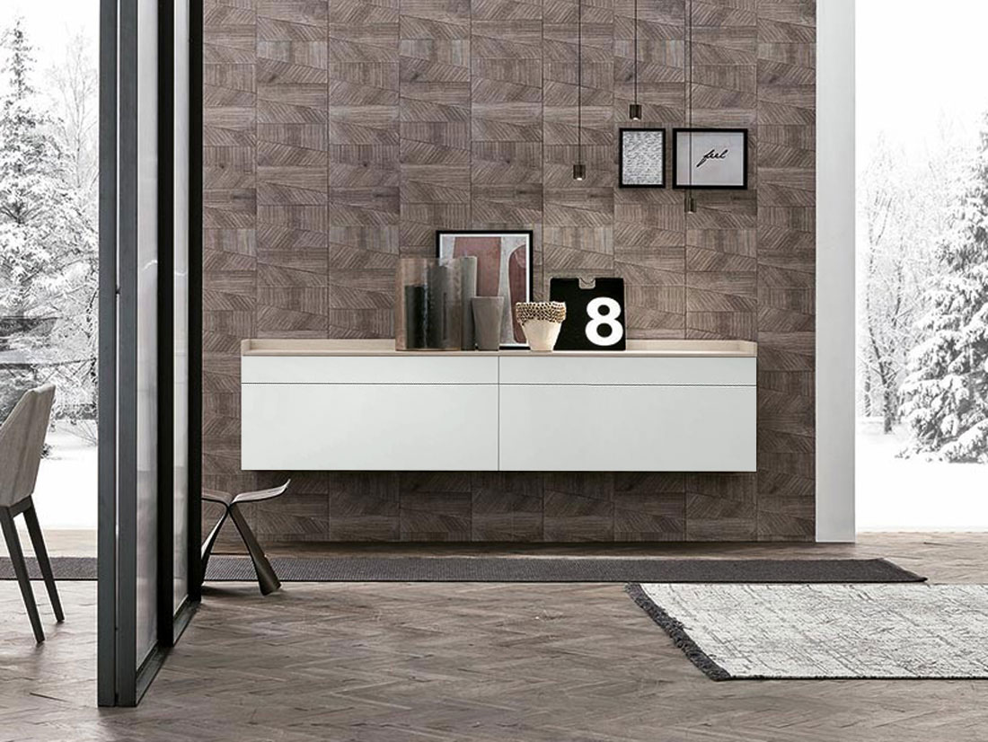 Madia sospesa 2 cestoni e 2 cassetti, finitura materico Madreperla e Bianco gesso