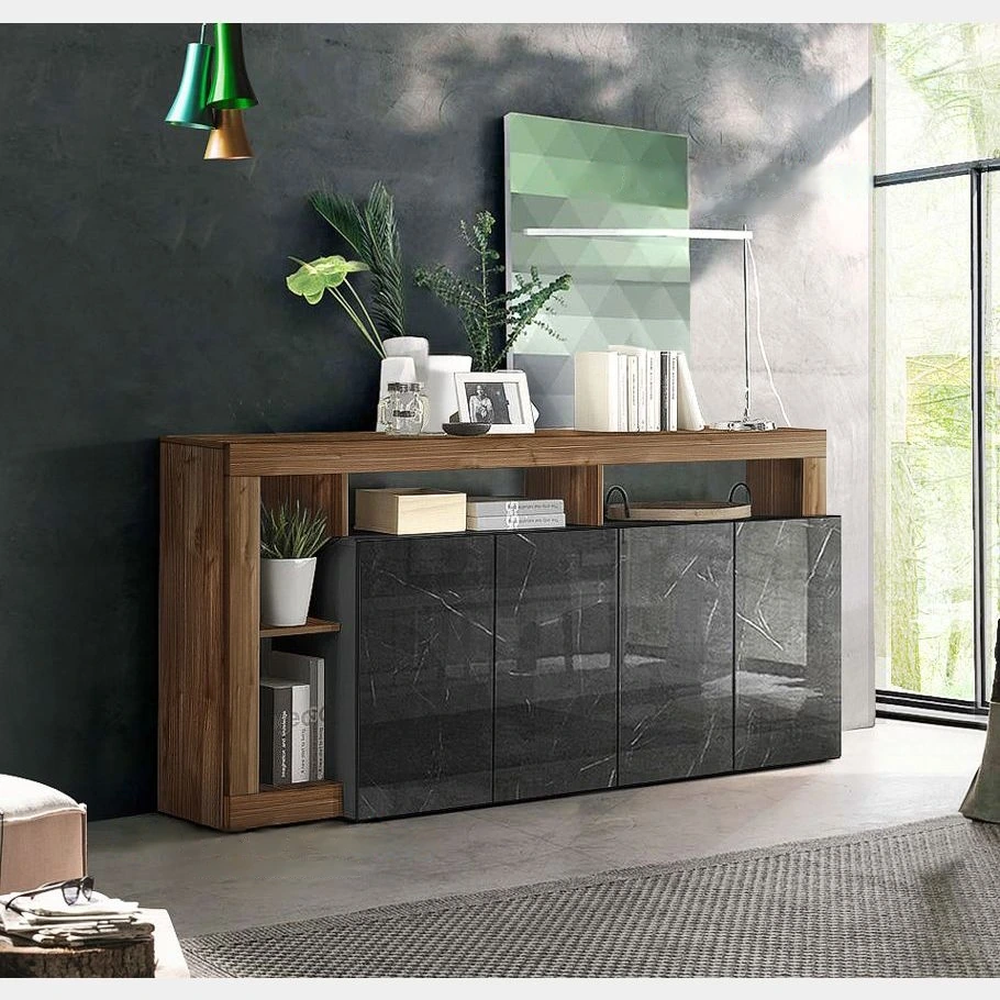 Madia a 4 ante con un ripiano in finitura Marmo Lucido Nero e Noce Dark