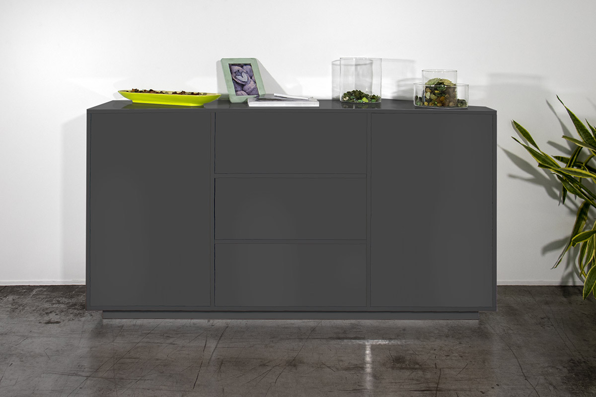 Credenza di design in finitura antracite laccato lucido con tre cassetti e due sportelli