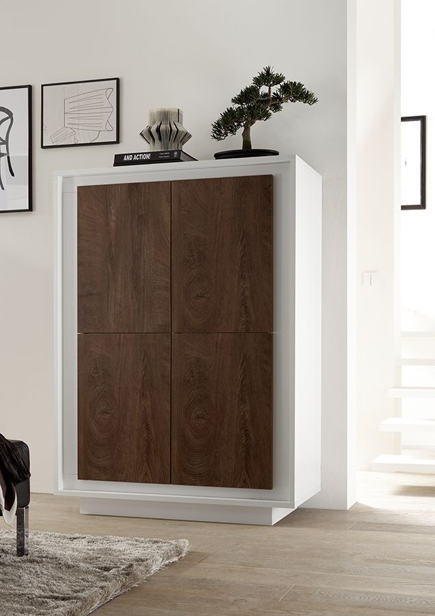 Credenza Moderna, Madia di Design, 4 ante Alta, Bianco Opaco con frontali Cognac