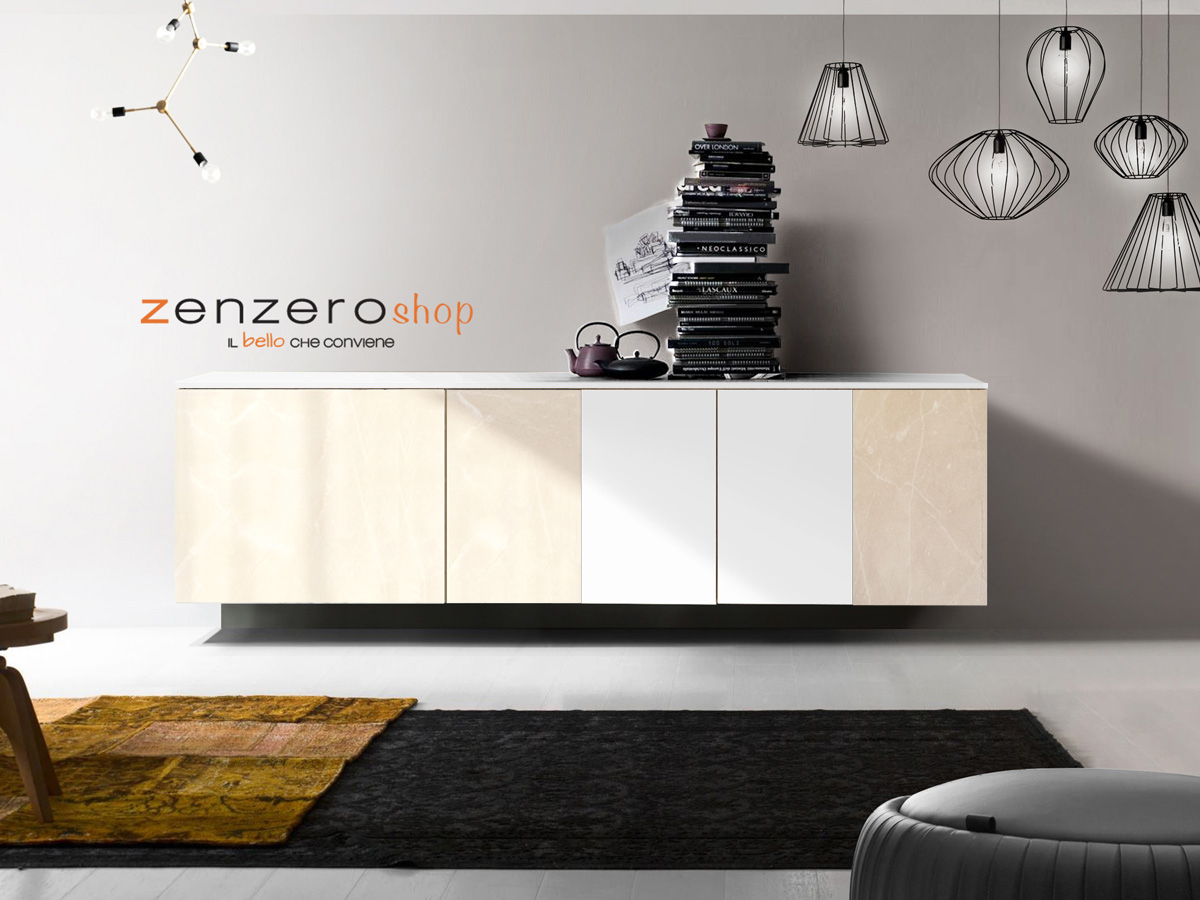 Credenza sospesa, Madia moderna, 5 ante, finitura Bianco Nobilitato e Opera