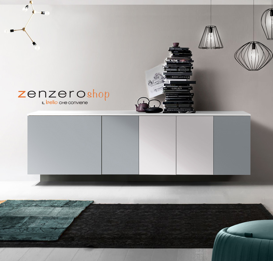 Credenza sospesa, Madia moderna, 5 ante, finitura Bianco, Alluminio e Grey