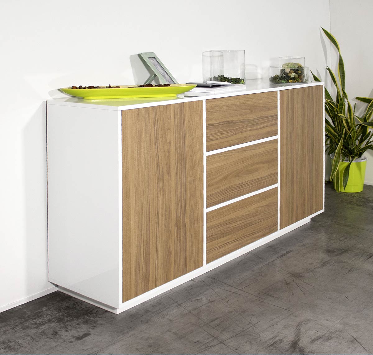 Madia moderna in noce caracalla e bianco laccato lucido