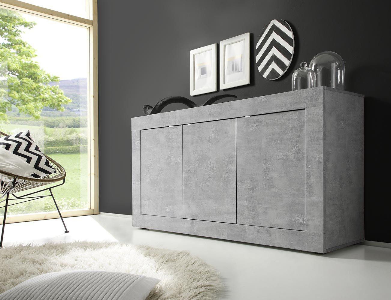 Credenza Moderna, Madia con 3 ante in finitura Cemento