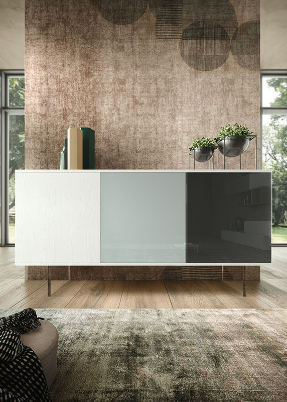 Credenze madie,Madia Orione 3 ante in finitura Frassinato bianco, Vetro grigio e Vetro antracite