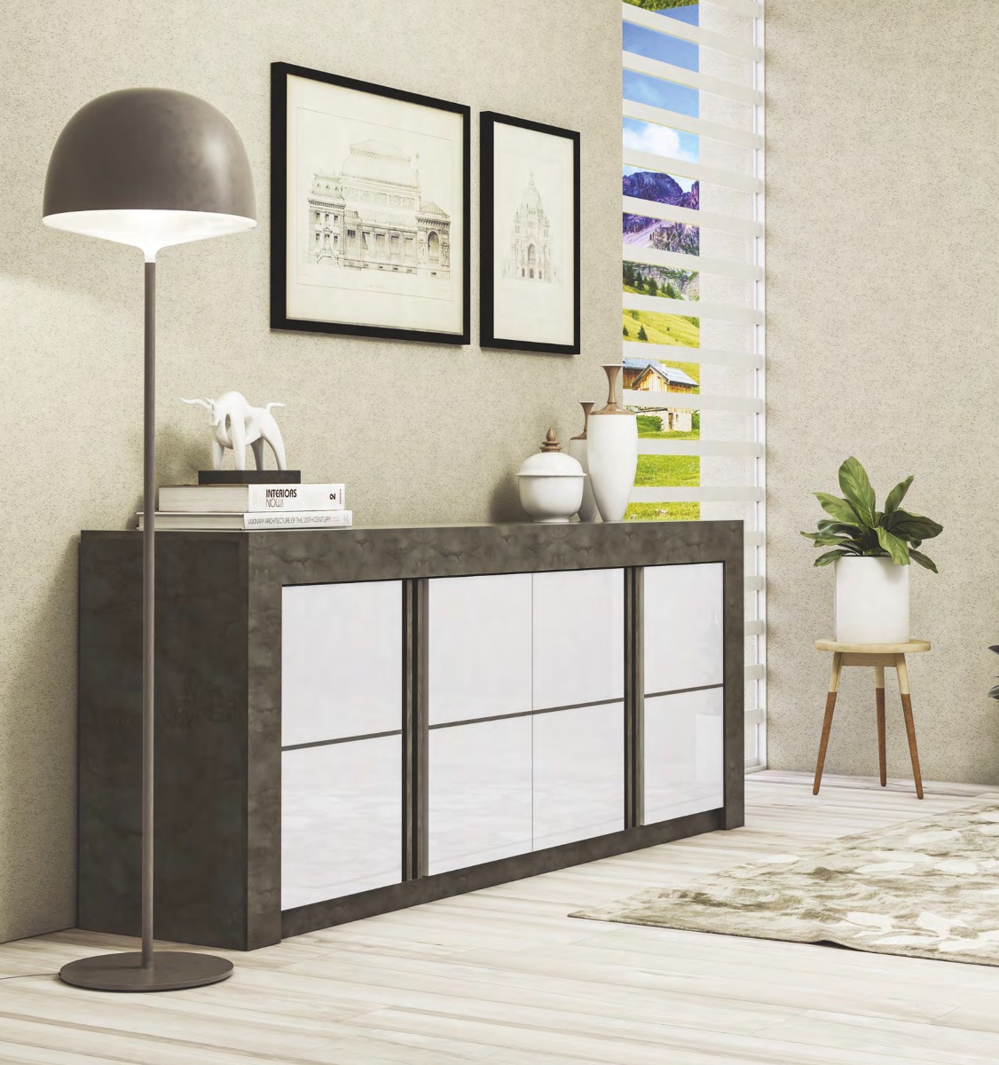 Madia 4 ante Ossido con frontali in Bianco lucido serigrafato, made in Italy