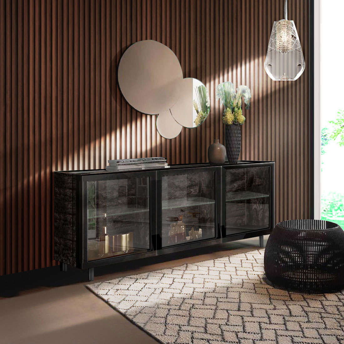 Madia moderna 3 ante con vetro fumè