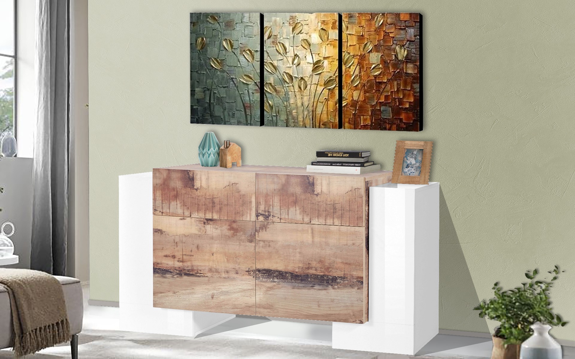 Madia moderna multiuso, 4 ante 2 cassetti, Bianco e Pero