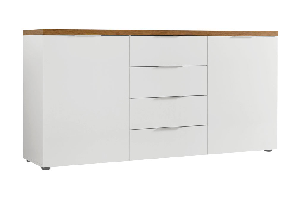 Capiente Madia 2 ante e 4 cassetti finitura Bianco lucido e Castagno, Made in Italy