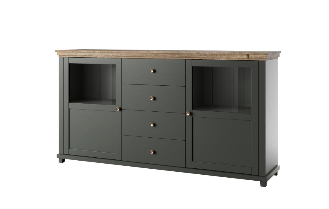 Credenza 2 ante e 4 cassetti, finitura verde scuro e quercia