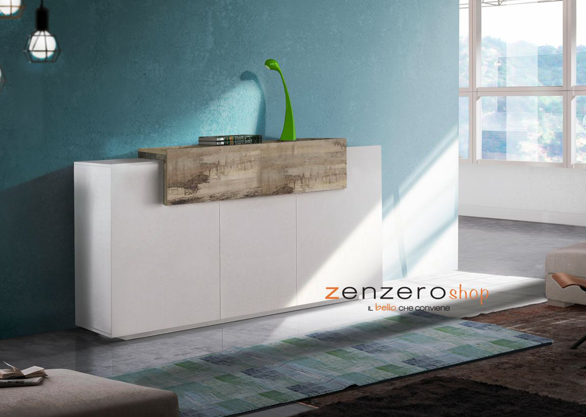 Madia moderna di design con 3 ante e una ribalta in finitura Bianco lucido e Pero