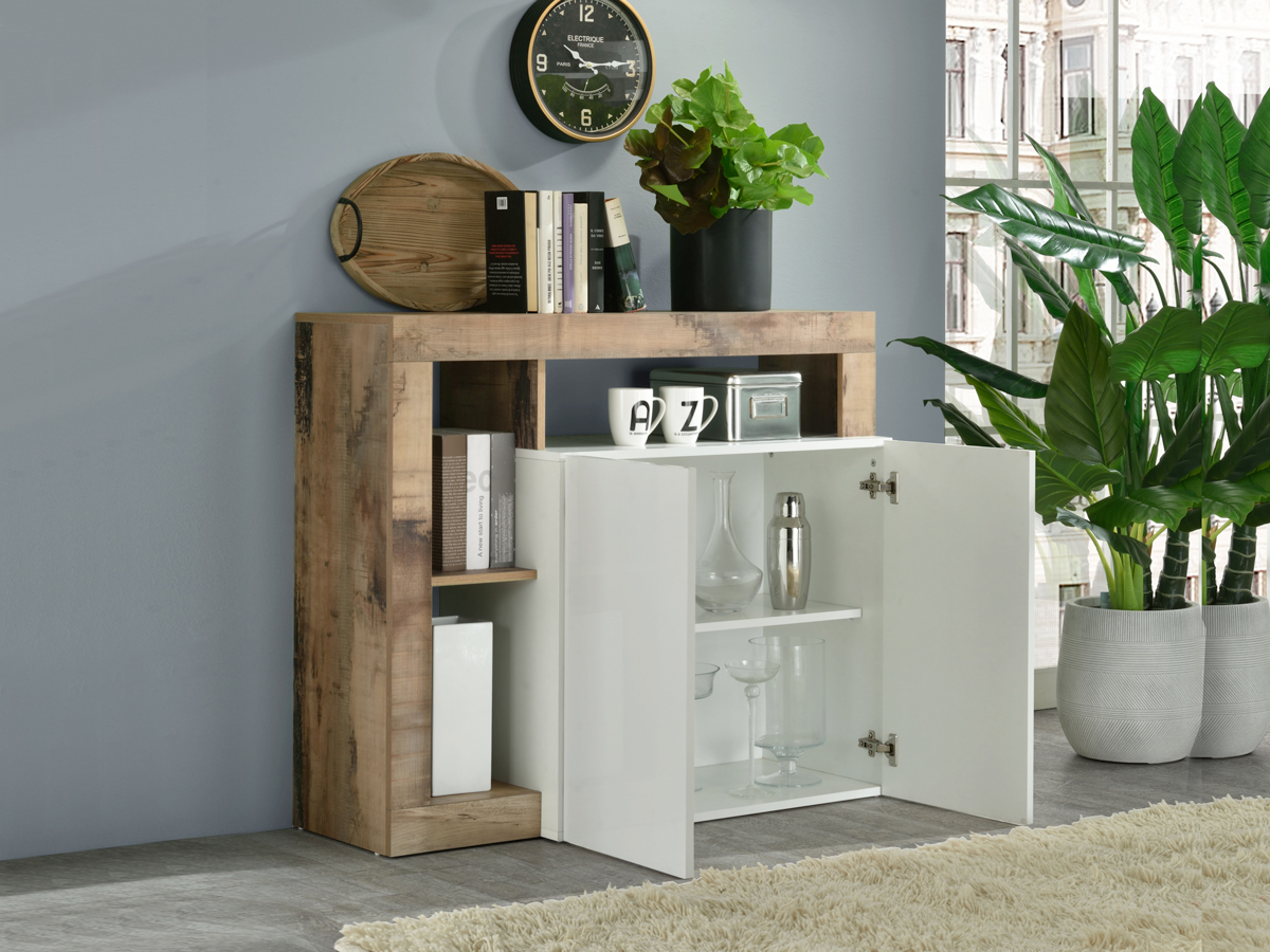 Madia moderna con 2 ante in finitura bianco laccato lucido e pero