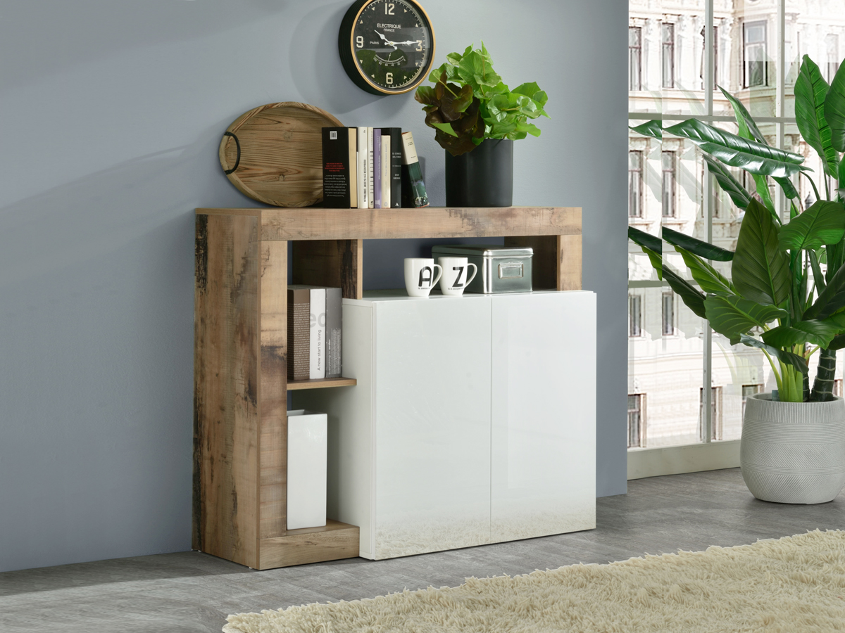 Madia moderna con 2 ante in finitura bianco laccato lucido e pero