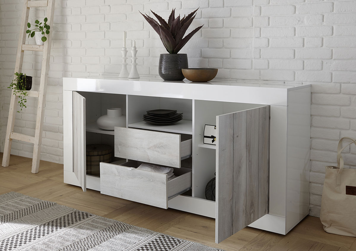 Madia moderna, 2 ante 2 cassetti in finitura Pino Bianco e Bianco Lucido