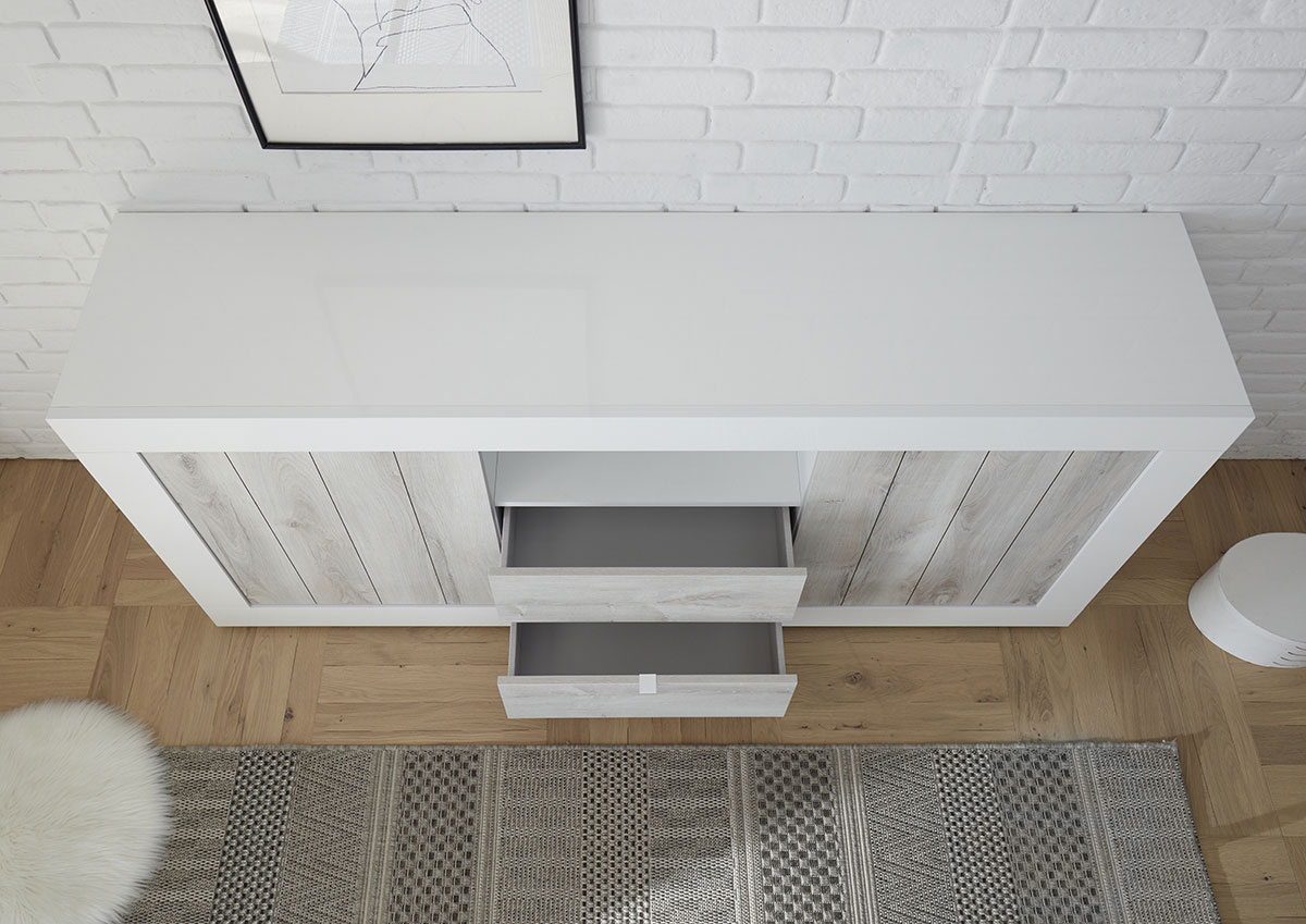 Madia moderna, 2 ante 2 cassetti in finitura Pino Bianco e Bianco Lucido