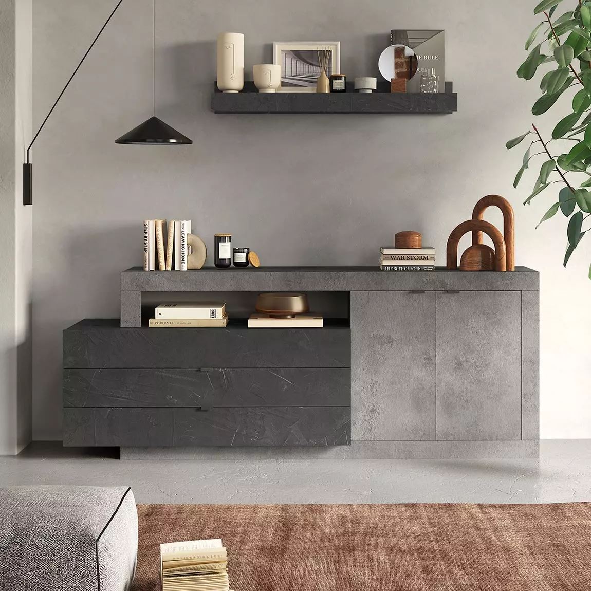 credenza 2 porte 3 cassetti grigia