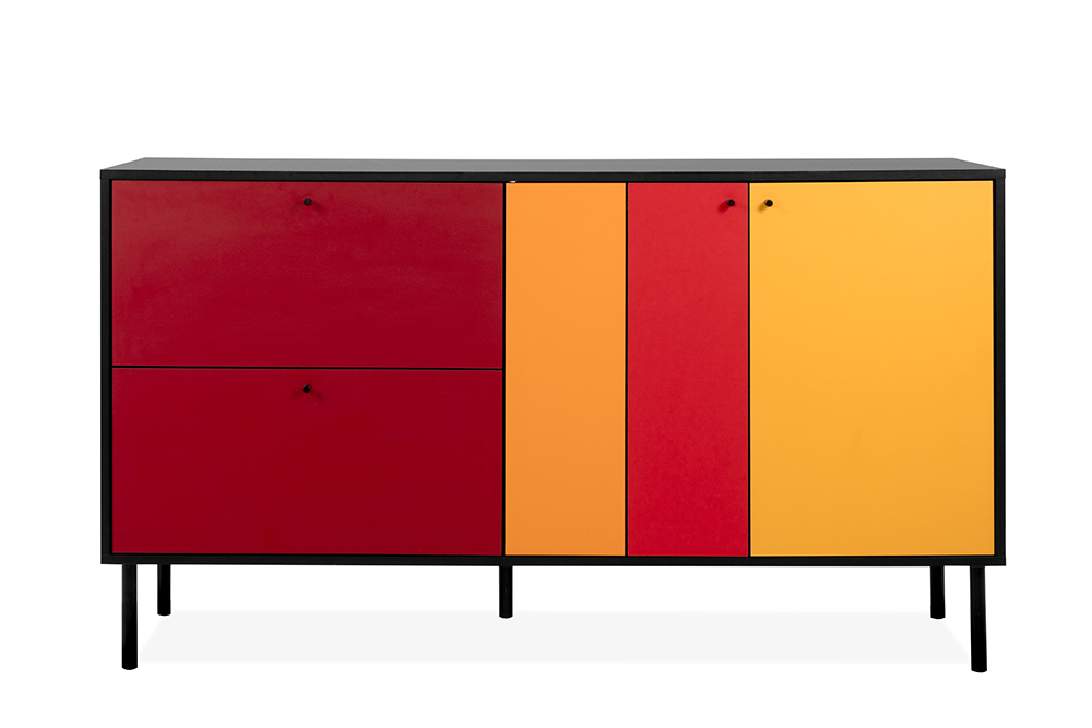 Madia multicolore 2 ante e 2 cassetti, con struttura nera e chiusura ammortizzata