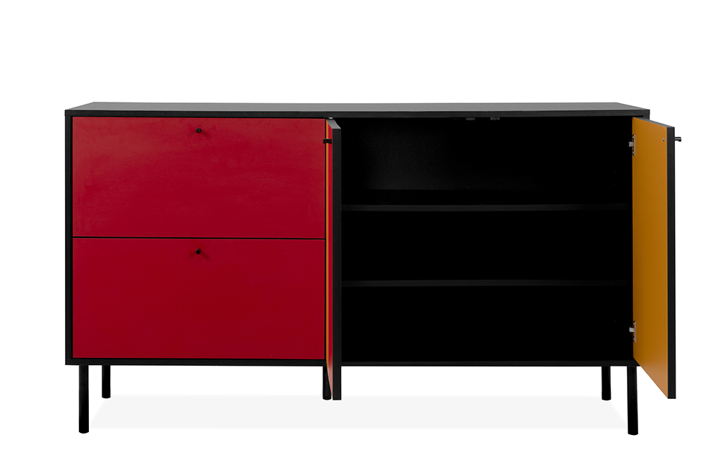 Madia multicolore 2 ante e 2 cassetti, con struttura nera e chiusura ammortizzata