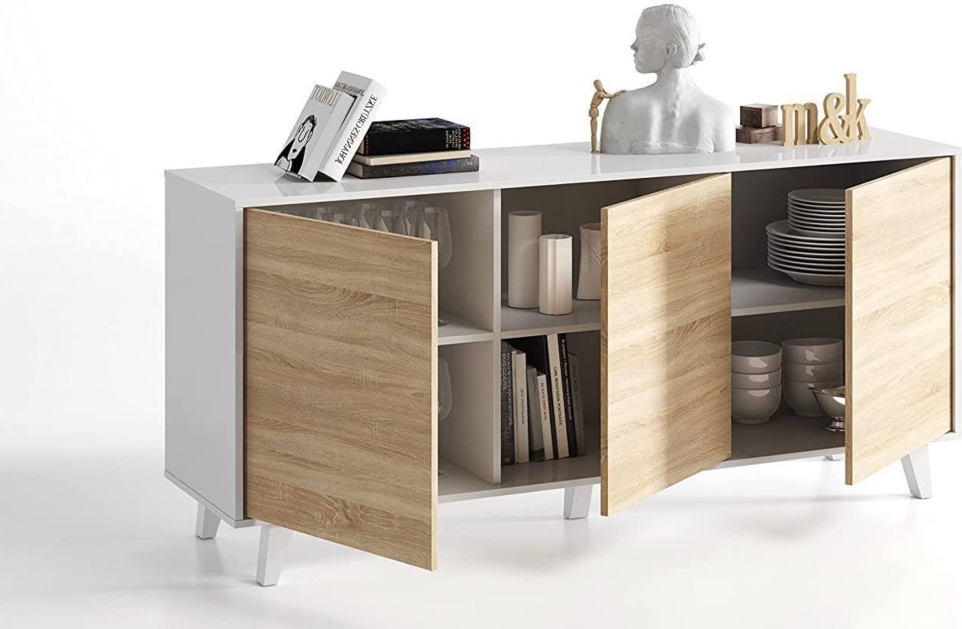 Composizione Alfa, con porta TV, Madia e tavolino, Bianco Lucido e Rovere