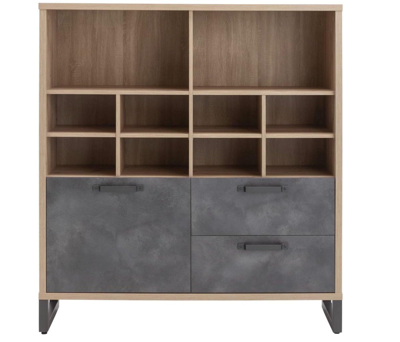 Libreria Industry per ufficio con 2 cassetti e un'anta in finitura Rovere e Grigio smoke