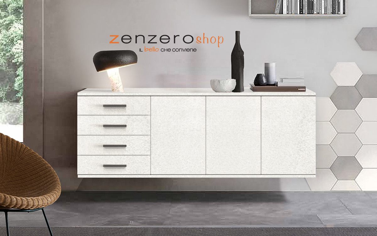 Credenza sospesa 3 ante 4 cassetti, finitura Cemento Artico