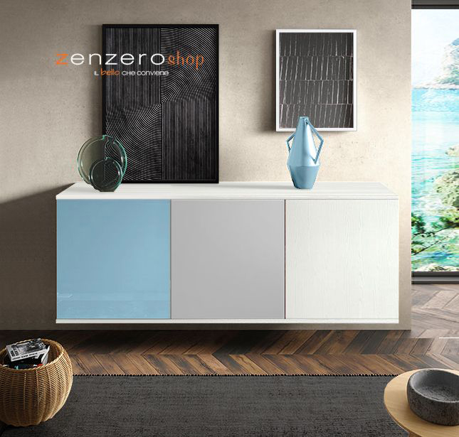 Madia sospesa Spe con 3 ante in finitura Frassinato bianco, Vetro azzurro e Grigio opaco