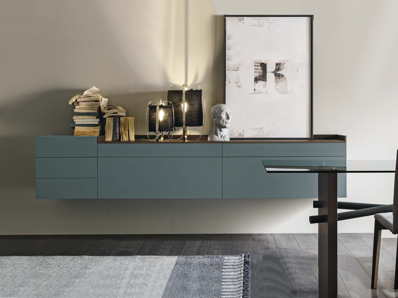 Madia sospesa 5 cassetti e 2 cestoni, finitura laccato opaco Salvia e Legno rovere