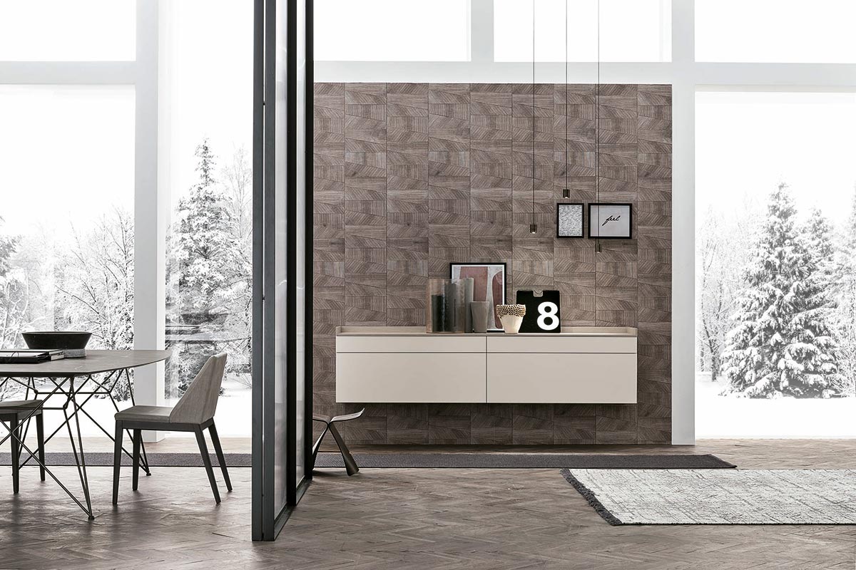 Madia sospesa 2 cestoni e 2 cassetti, finitura materico opaco Madreperla e materico frassino Oriente