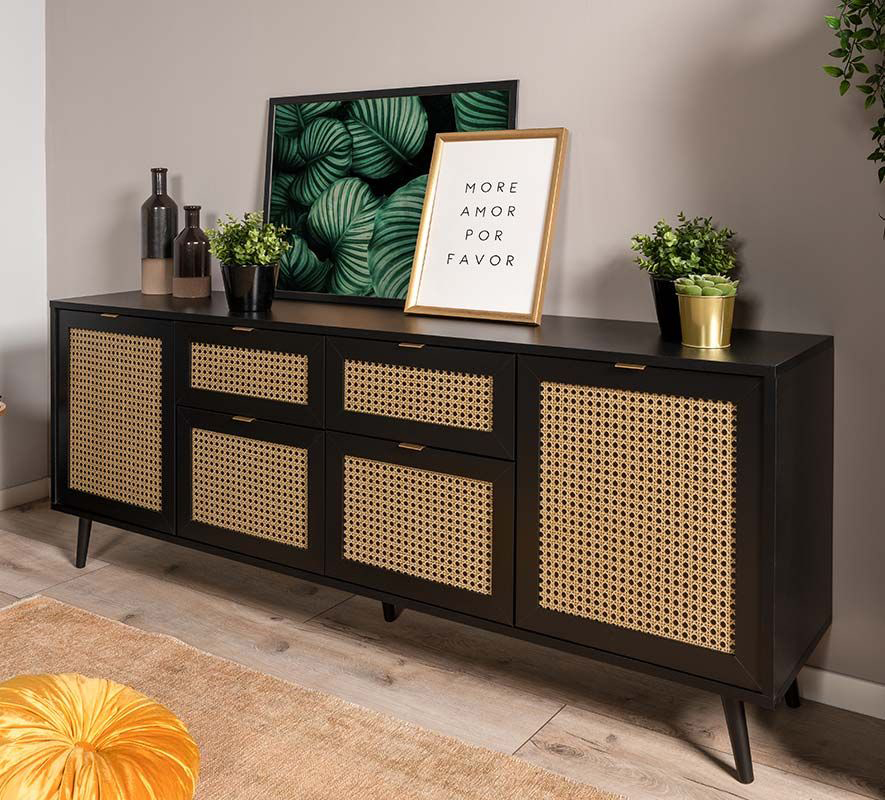 Madia moderna Arendal con 4 ante e 2 cassetti in finitura Nero opaco con dettagli Oro