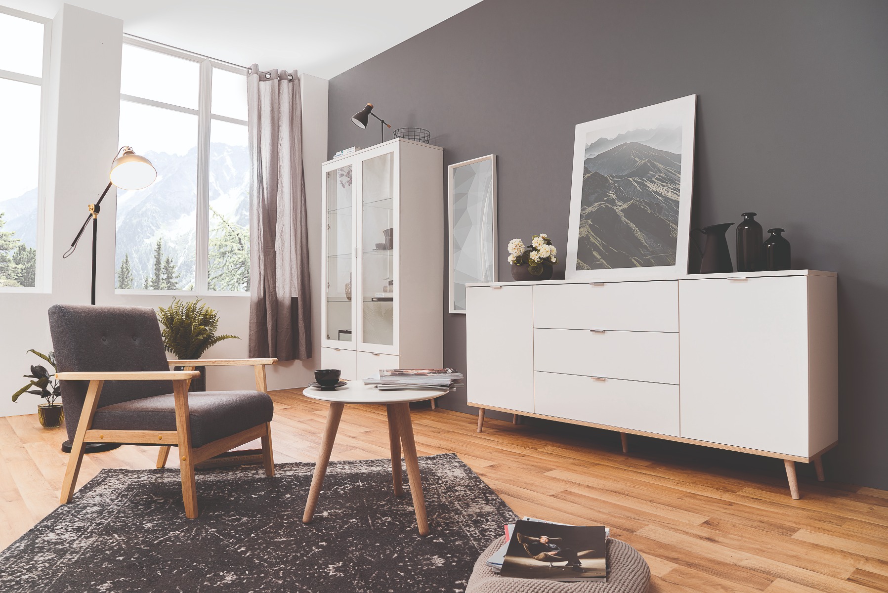 Madia in stile nordico in finitura Bianco e Quercia,  2 ante e 3 cassetti