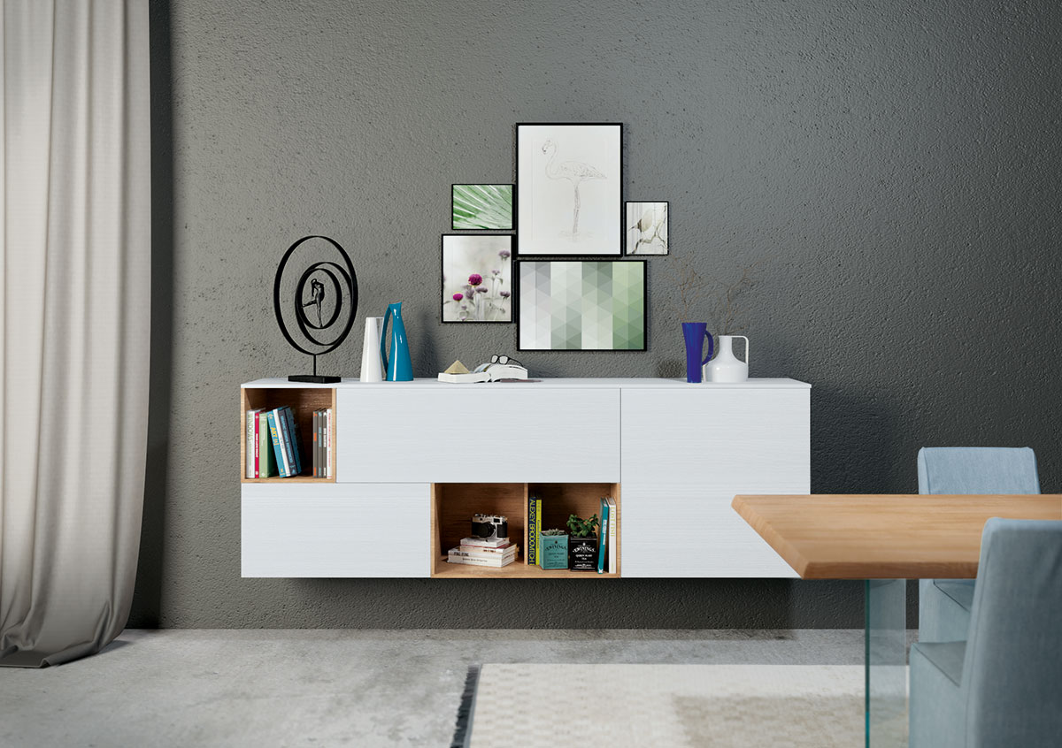 Madia sospesa moderna, finitura Bianco gesso e Nodato chiaro