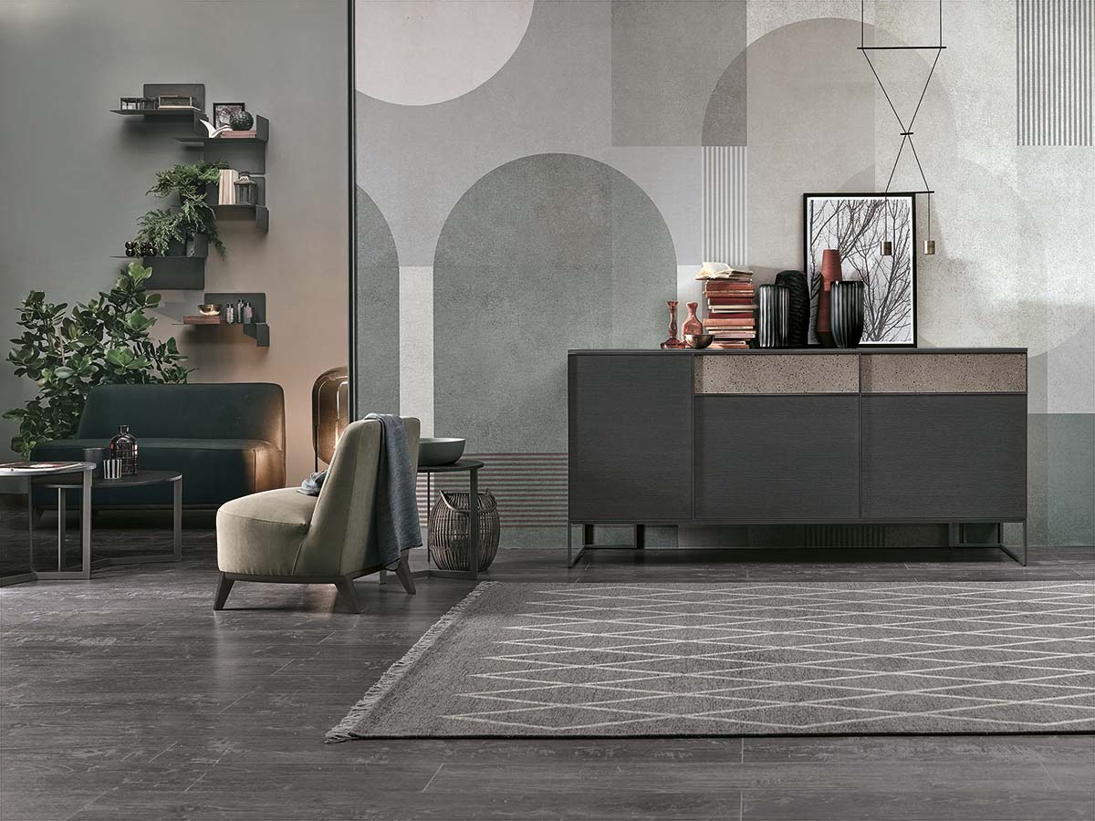 Madia 3 ante 2 cassetti Rovere carbone e Graniglia