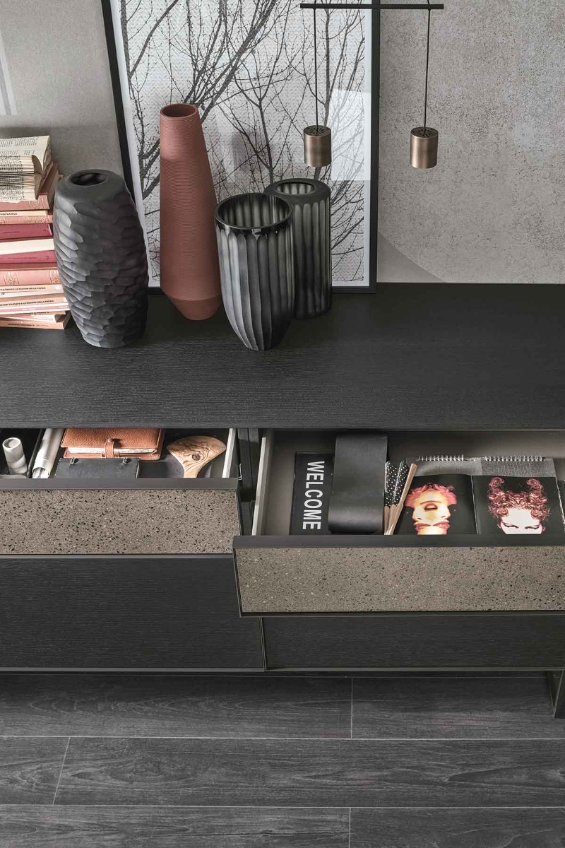 Madia 3 ante 2 cassetti Rovere carbone e Graniglia