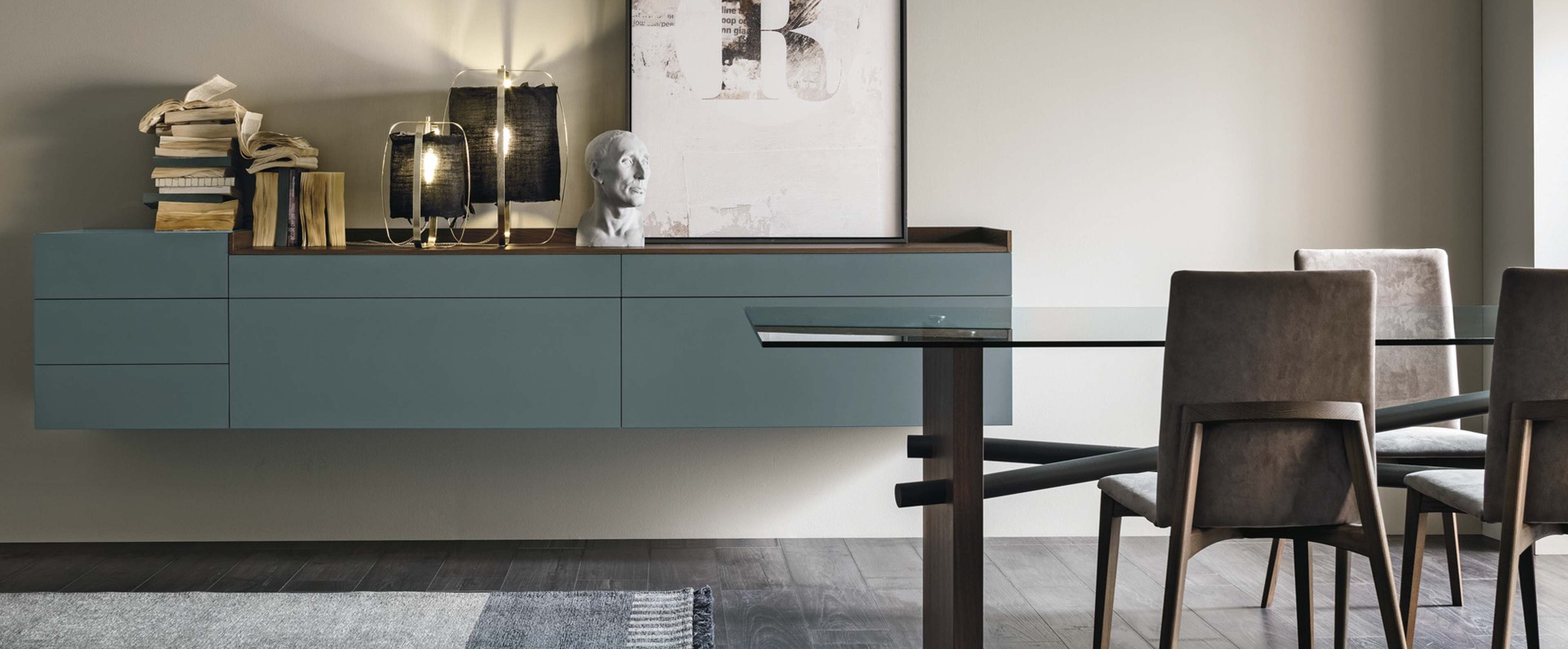 Madia sospesa 5 cassetti e 2 cestoni, finitura laccato opaco Salvia e Legno rovere