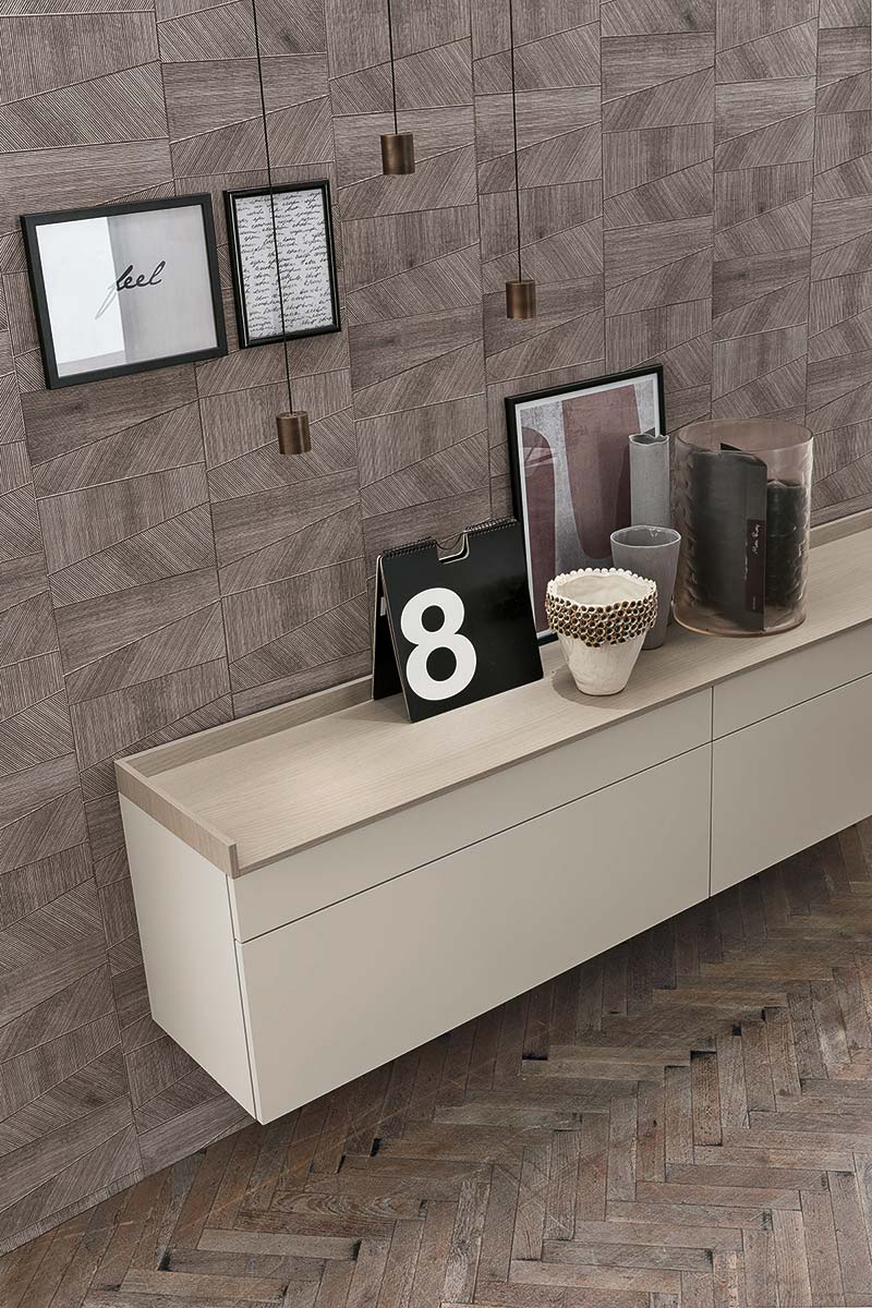 Madia sospesa 2 cestoni e 2 cassetti, finitura materico opaco Madreperla e materico frassino Oriente