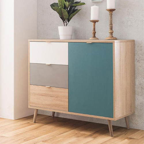 Madia Lavik con gambe in legno, 1 anta 3 cassetti, finitura Quercia, Bianca, Petrolio e Grigia