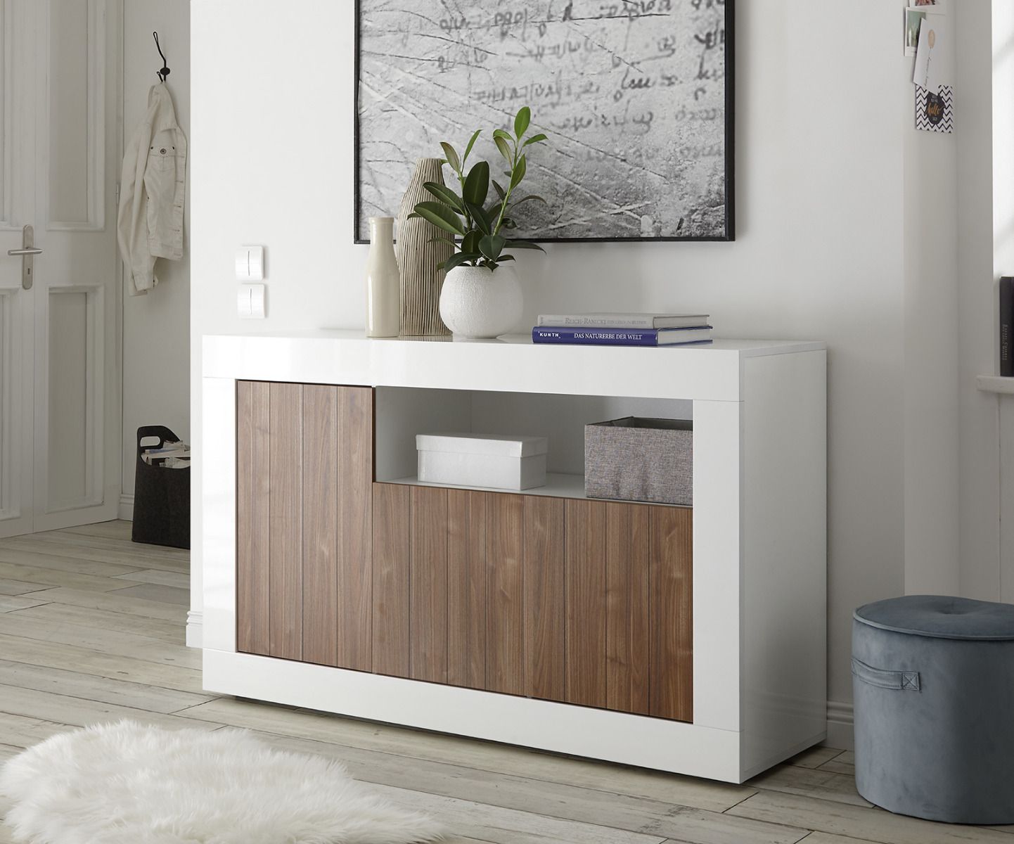 Madia moderna, 3 ante in finitura Noce Dark e Bianco Lucido