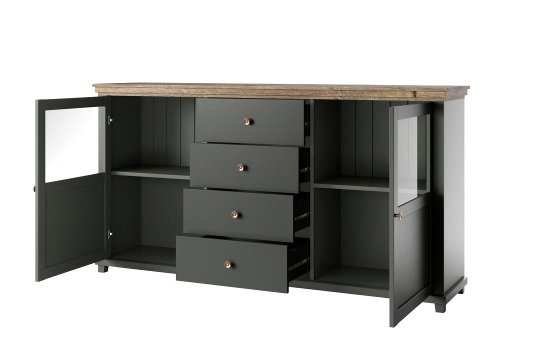 Credenza 2 ante e 4 cassetti, finitura verde scuro e quercia