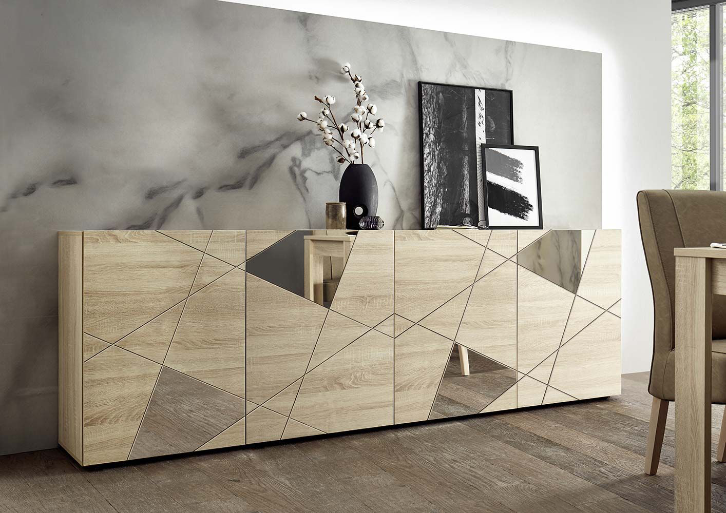 Madia moderna serigrafata con 4 ante e specchi in finitura Rovere samoa