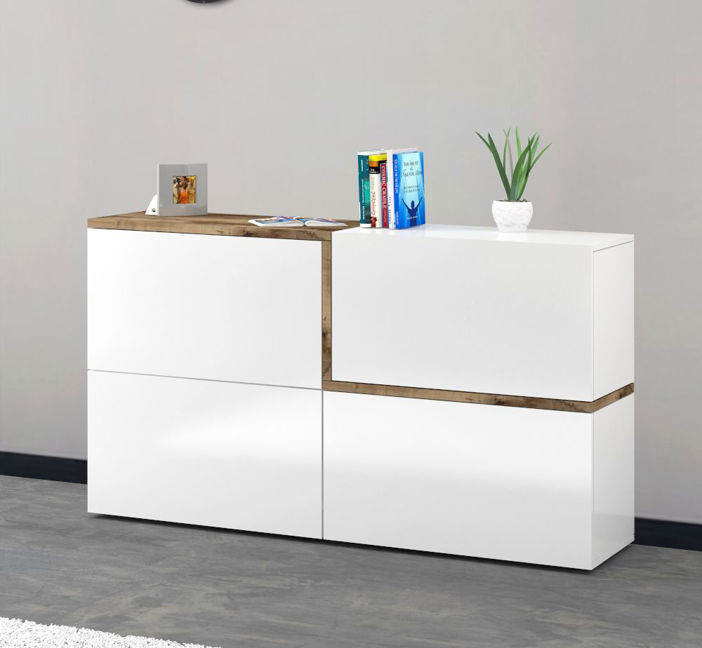 Madia moderna con 4 ante ribalta, finitura bianco lucido e pero, made in Italy