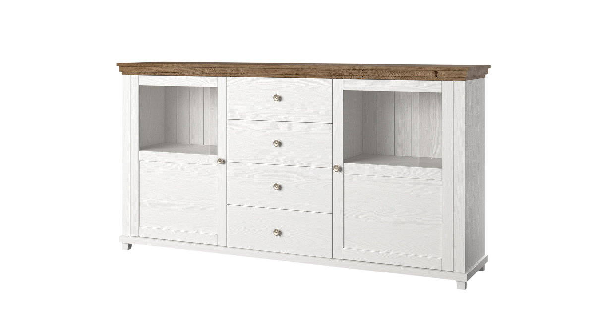 Madia elegante 2 ante e 4 cassetti, finitura bianco frassinato e rovere